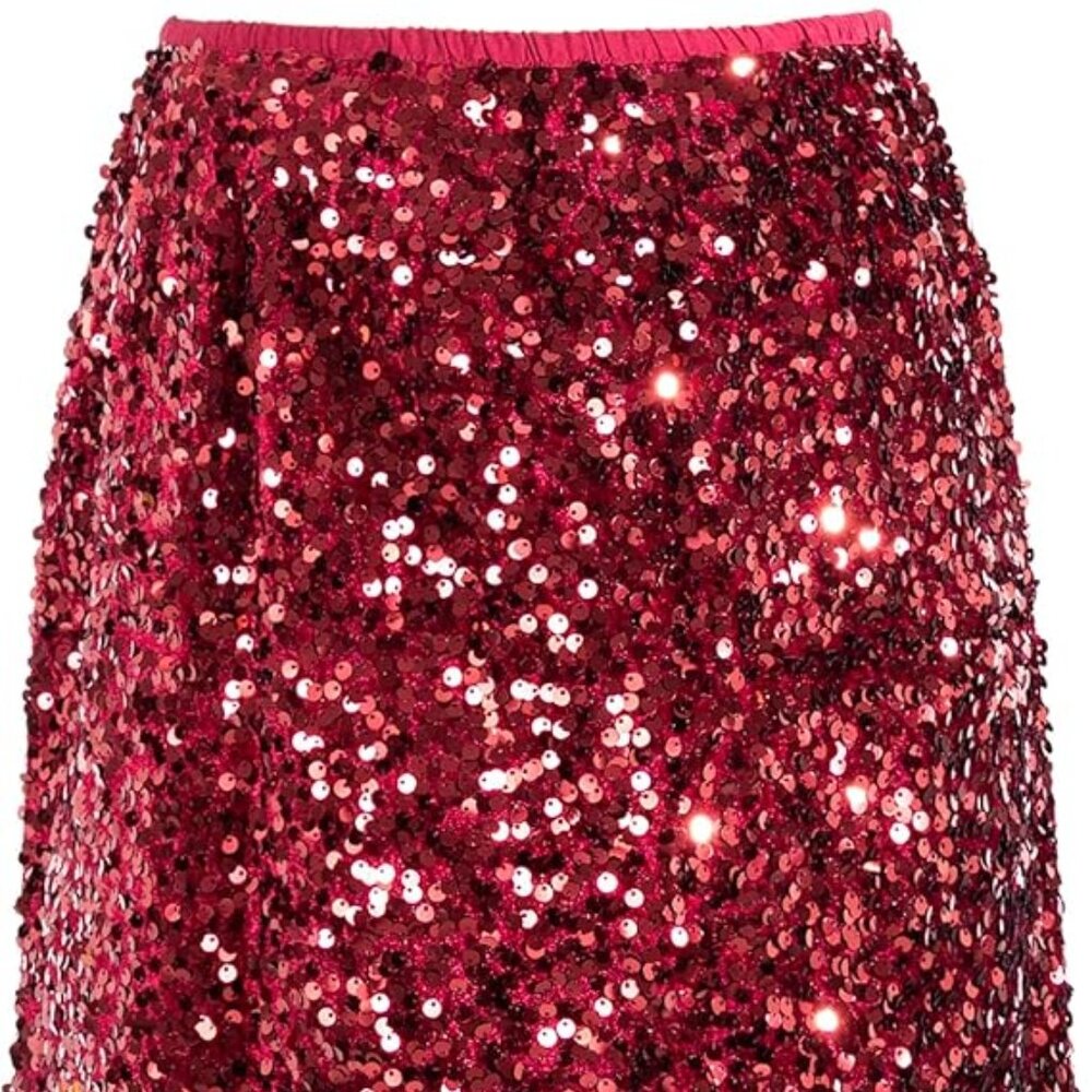 L Red Maroon Sequin Stretchy Mini Skirt Marti Gras